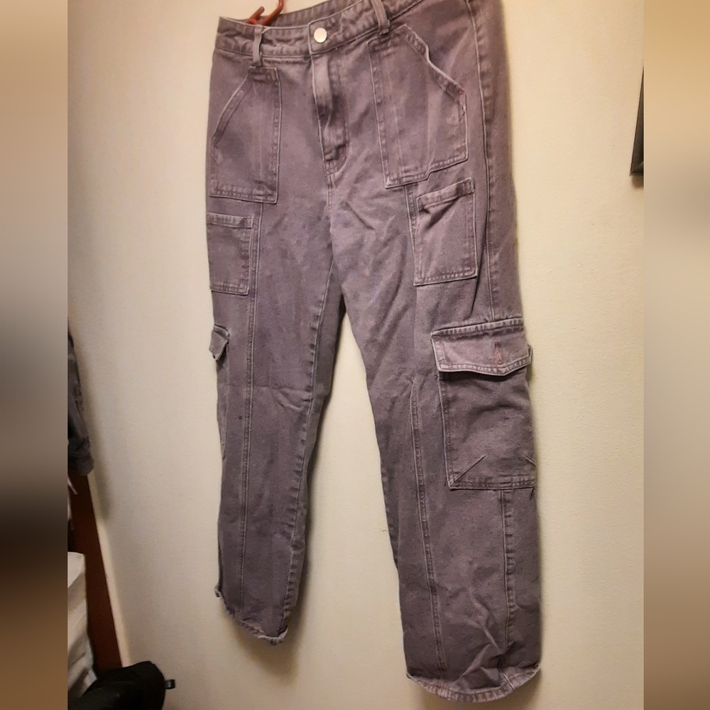 Purple cargo pants with multiple pockets